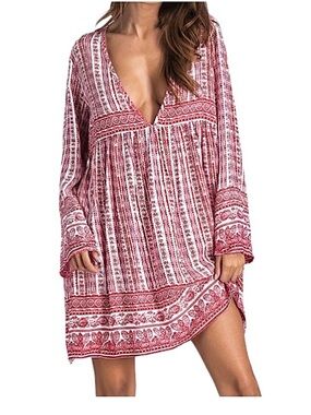 KIDS FORM ~ Red/White Slightly Sheer Bell-Sleeve Keyhole Back Boho Dress